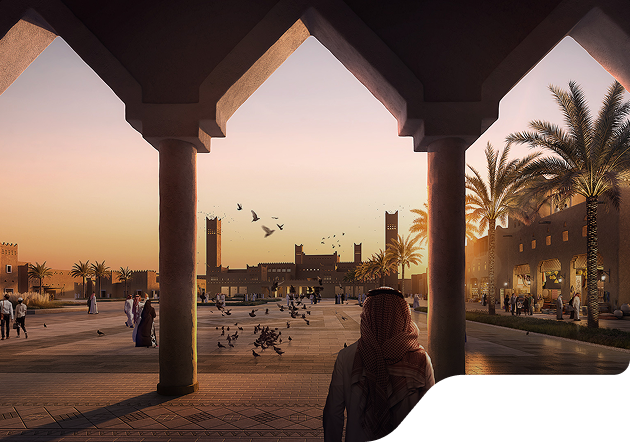 Traditional Middle Eastern architecture and people in public square at sunset