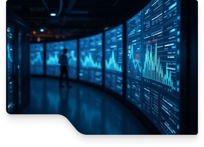 Data analytics screens showing market intelligence dashboards