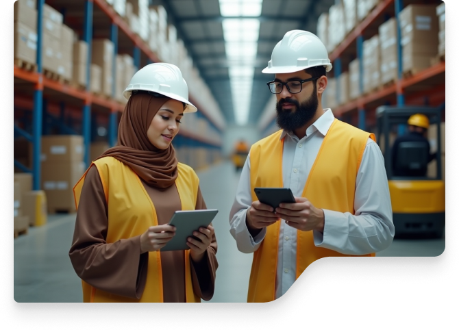 Industrial engineers in a warehouse using tablets