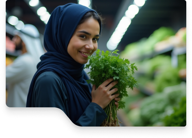 Female entrepreneur holding fresh produce in GCC market